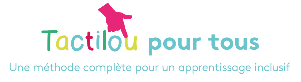 logo de la méthode, tactilou est écrit en lettres colorées, un index pointe et montre la lettre u
